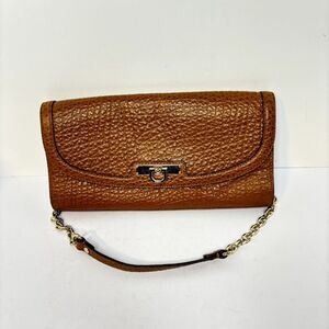 DKNY Pebbled Leather Clutch Gold Chain Strap Brown Womens Bag